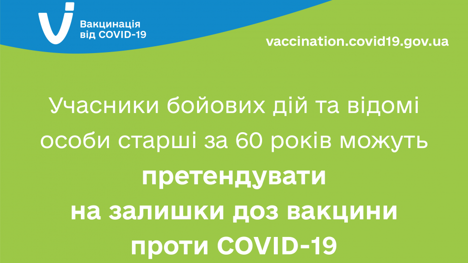 Учасники бойових дій та відомі особи старші за 60 років можуть претендувати на залишки доз вакцини проти COVID-19